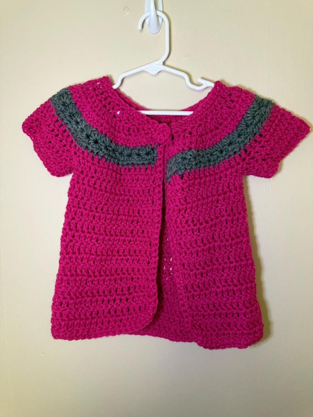 Hand Crafted Crocheted Baby Cardigan in Hot Pink with Charcoal Accent
